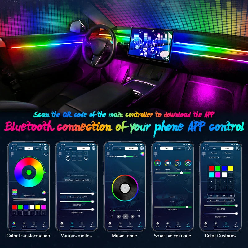 Full Color Streamer Car Ambient Lights RGB 64 Color Universal LED Interior Hidden Acrylic Strip Symphony Atmosphere Lamp