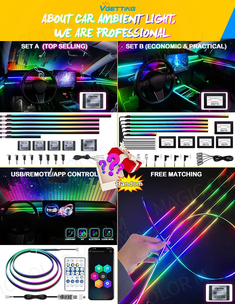 Full Color Streamer Car Ambient Lights RGB 64 Color Universal LED Interior Hidden Acrylic Strip Symphony Atmosphere Lamp